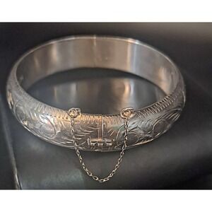 Vintage Sterling Silver 925 Etched Bangle Bracelet 7"